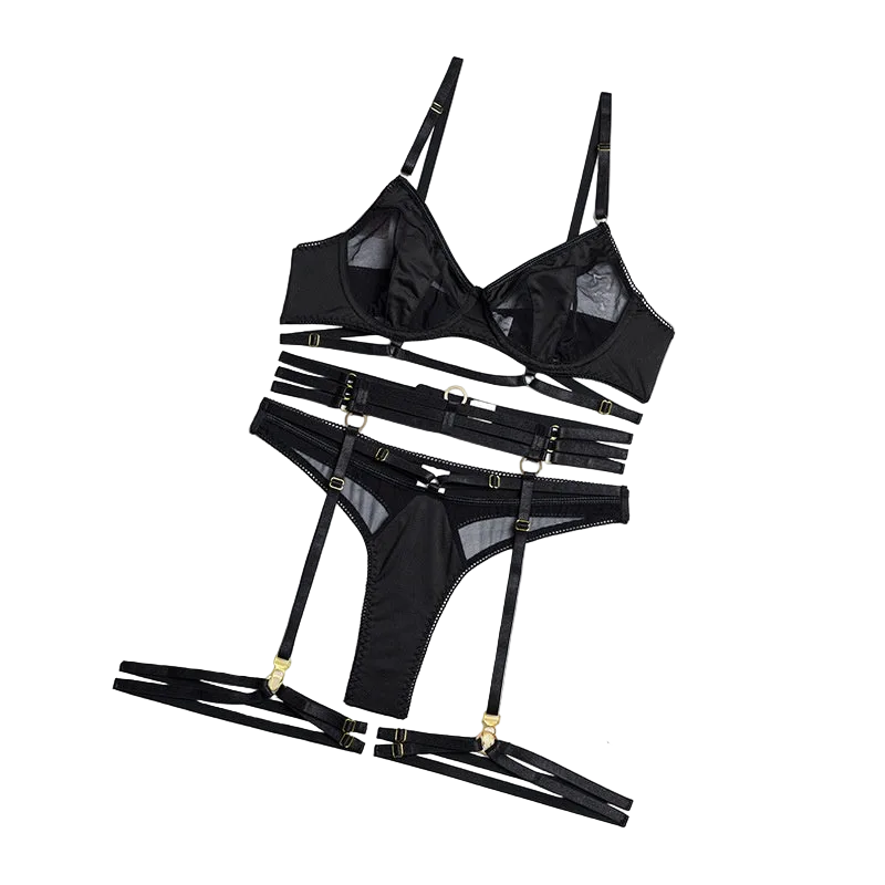 House Of Dasein Spring And Summer Fashion Lace Complex Craft Gathered Hollow Out Mesh Sexy Lingerie Four Piece Set For Women - Black - M