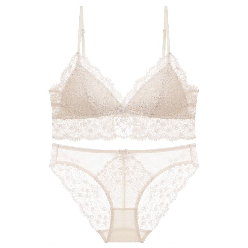 Sexy Lace Bra Set For Women French Style Thin Strap Backless Triangle Cup Wireless - Apricot Suit - Xl