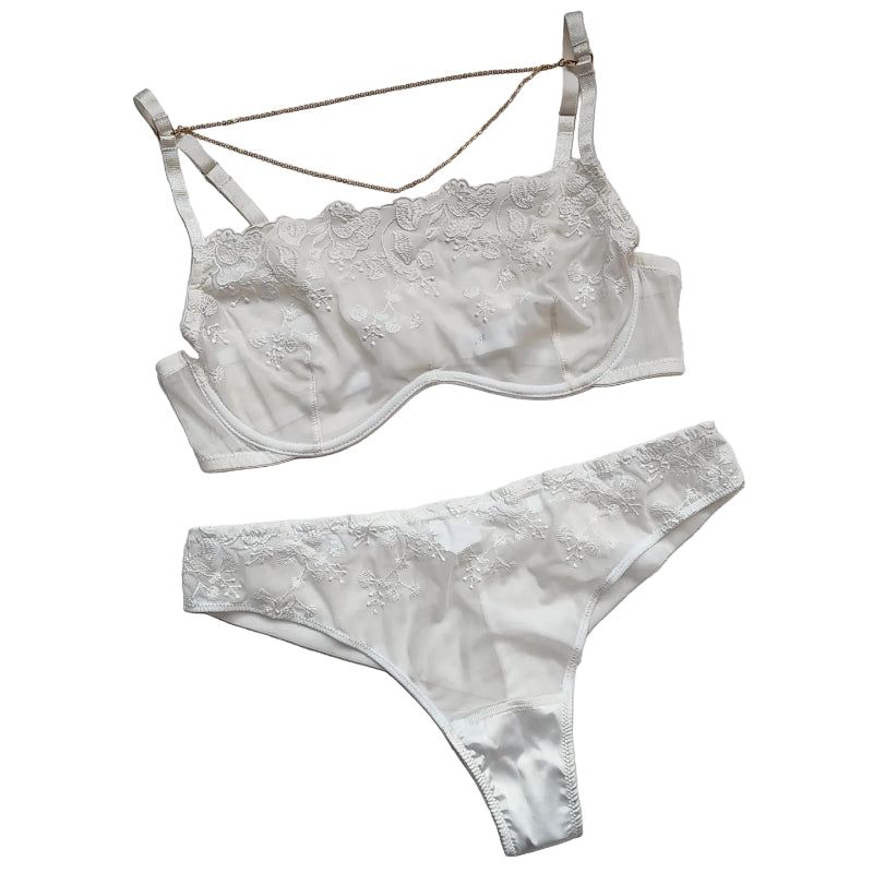 House Of Dasein Lace Thin Strapless Chain Detachable Sexy Lingerie Set Large Chest Minimizer Gathering And Lift - White - L