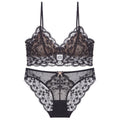 Sexy Lace Bra Set For Women French Style Thin Strap Backless Triangle Cup Wireless - Black Contrast Skin Set - Xl
