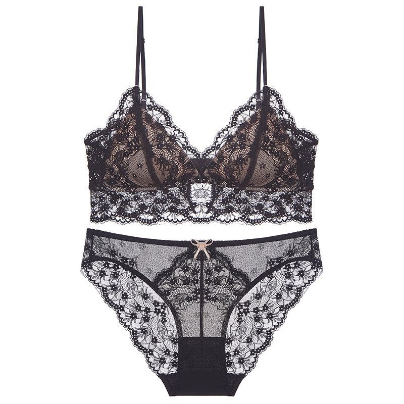 Sexy Lace Bra Set For Women French Style Thin Strap Backless Triangle Cup Wireless - Black Contrast Skin Set - Xl