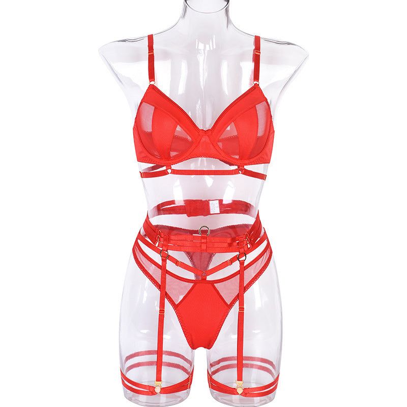 House Of Dasein Spring And Summer Fashion Lace Complex Craft Gathered Hollow Out Mesh Sexy Lingerie Four Piece Set For Women - Red - M