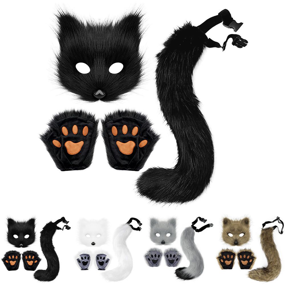 Therian Paws Fur Mask Tail Set Black Halloween Party Costume