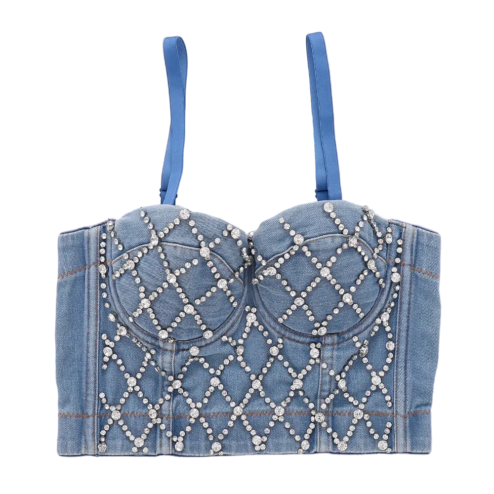 House Of Dasein Denim Tube Top With Built In Pads And Shaping Open Back Beaded Strapless Camisole For Women - Denim Blue - 36B/80
