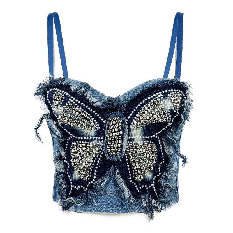 House Of Dasein Cross Border Butterfly Strapless Bra With Unique High End Feel Fitted Spliced Denim Boned Bustier Camisole - Blue - 34B/75