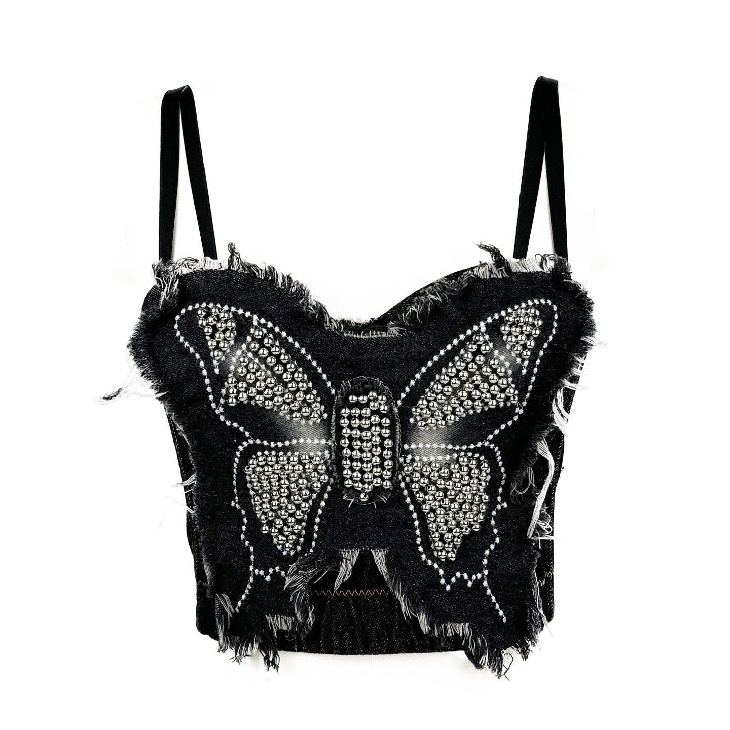 House Of Dasein Cross Border Butterfly Strapless Bra With Unique High End Feel Fitted Spliced Denim Boned Bustier Camisole - Black - 40C/90