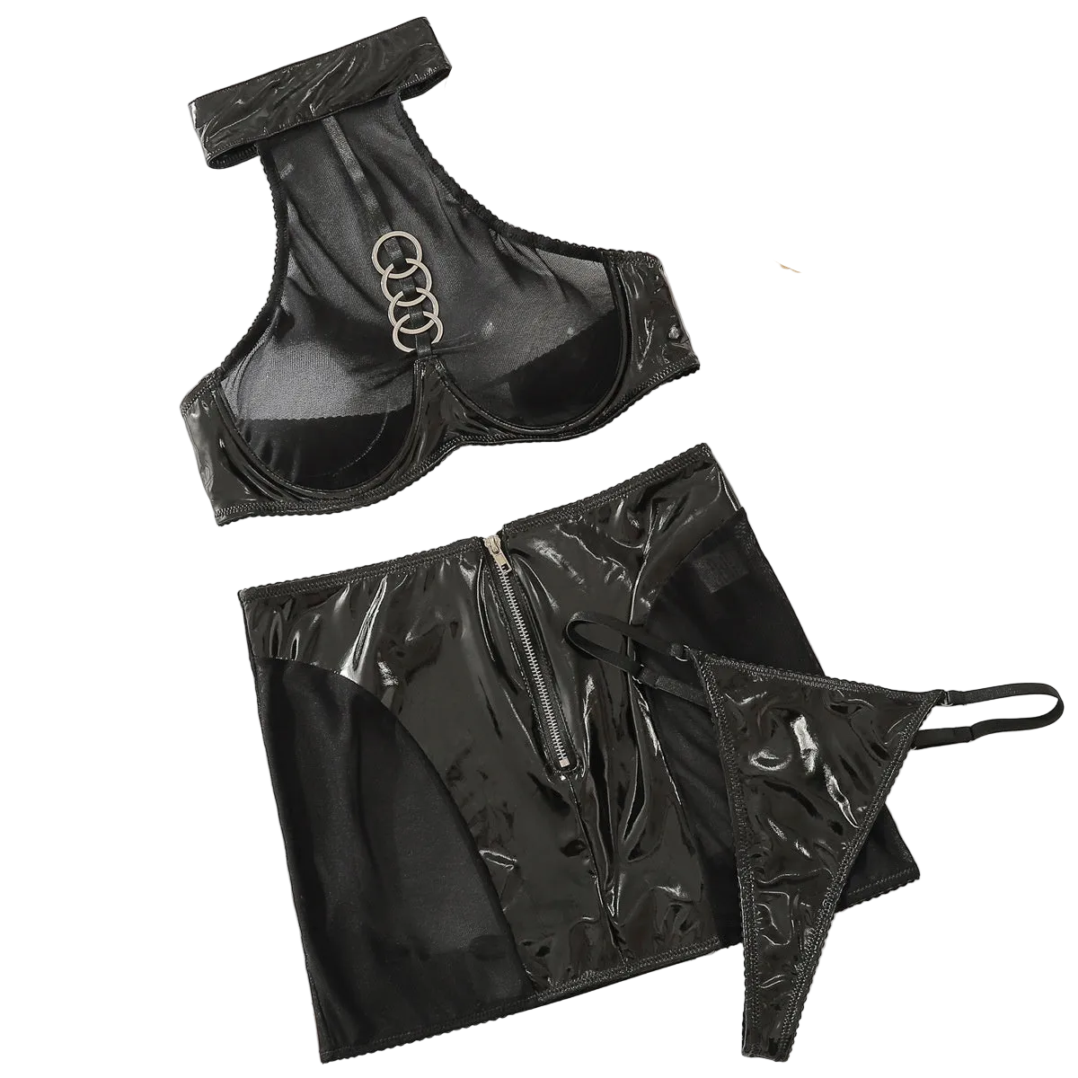 House Of Dasein Perspective Sexy Hollow Out Backless Hanging Neck Gathering Fun And Lingerie Three Piece Set - Black - L