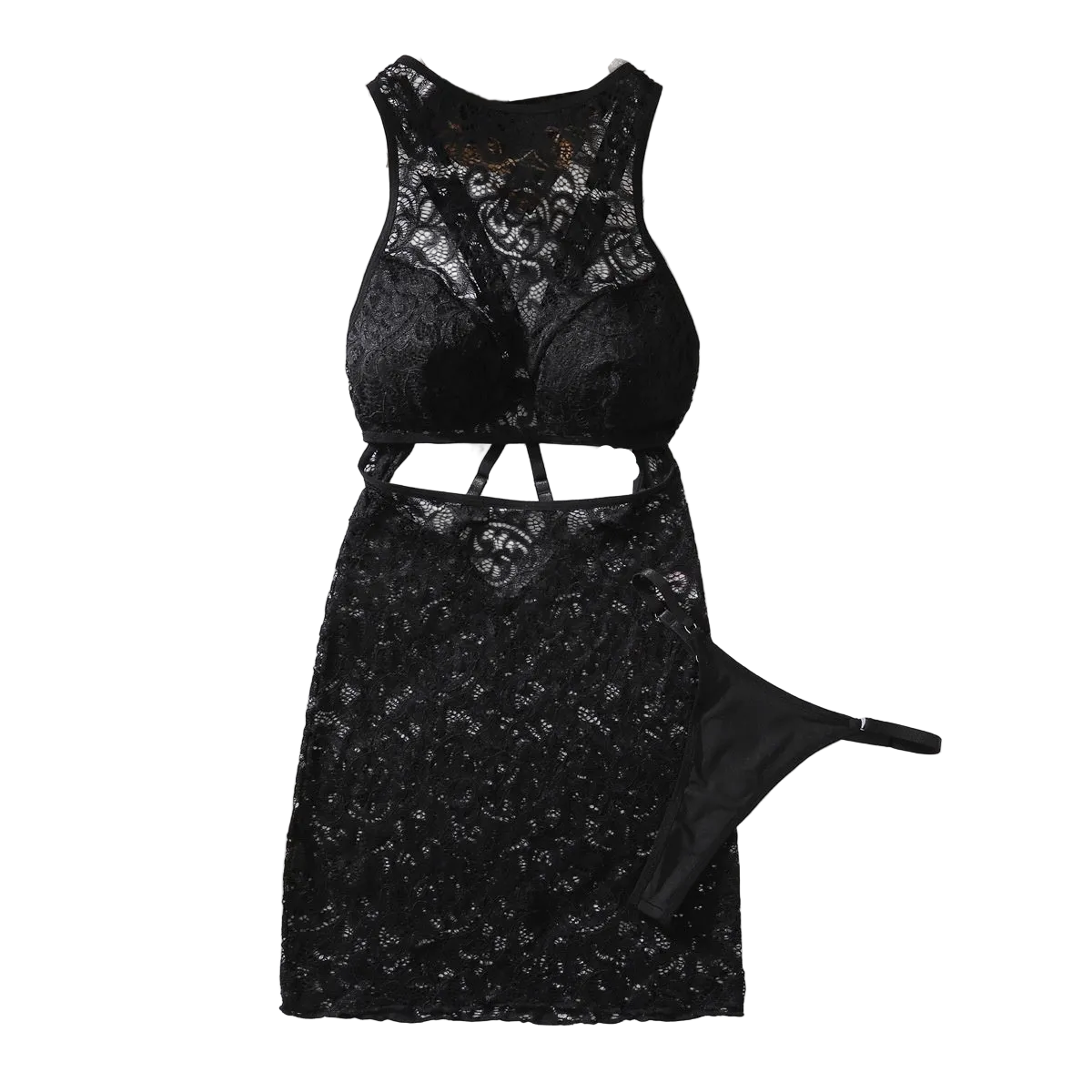 House Of Dasein Lace Two Piece Fashionable Hollow Out Backless See Through Suspender Dress - Black - L