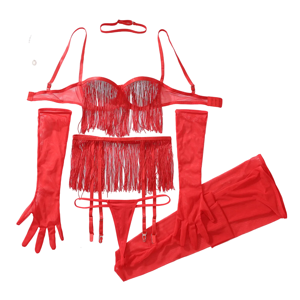 House Of Dasein Perspective Tassel Hollowed Out Lingerie Set No Take Off Seductive Six Piece - Red - L