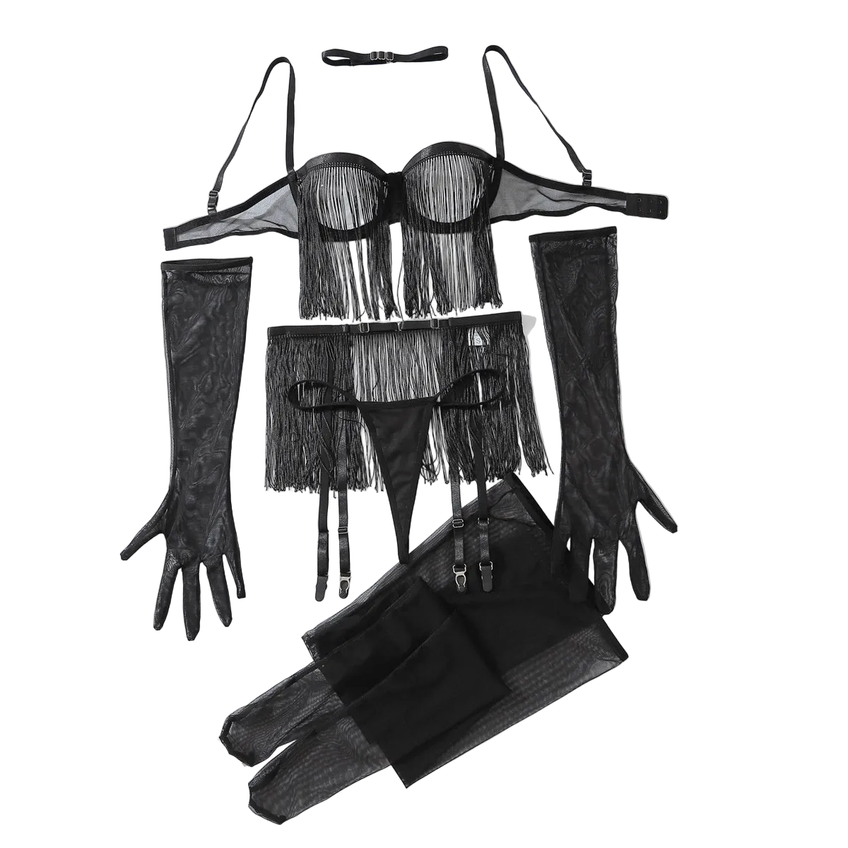 House Of Dasein Perspective Tassel Hollowed Out Lingerie Set No Take Off Seductive Six Piece - Black - S