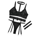 House Of Dasein Hot Selling Sexy Lingerie Three Piece Set Halter Motorcycle Gathered And Shaping Leg Straps For Women - Black - M