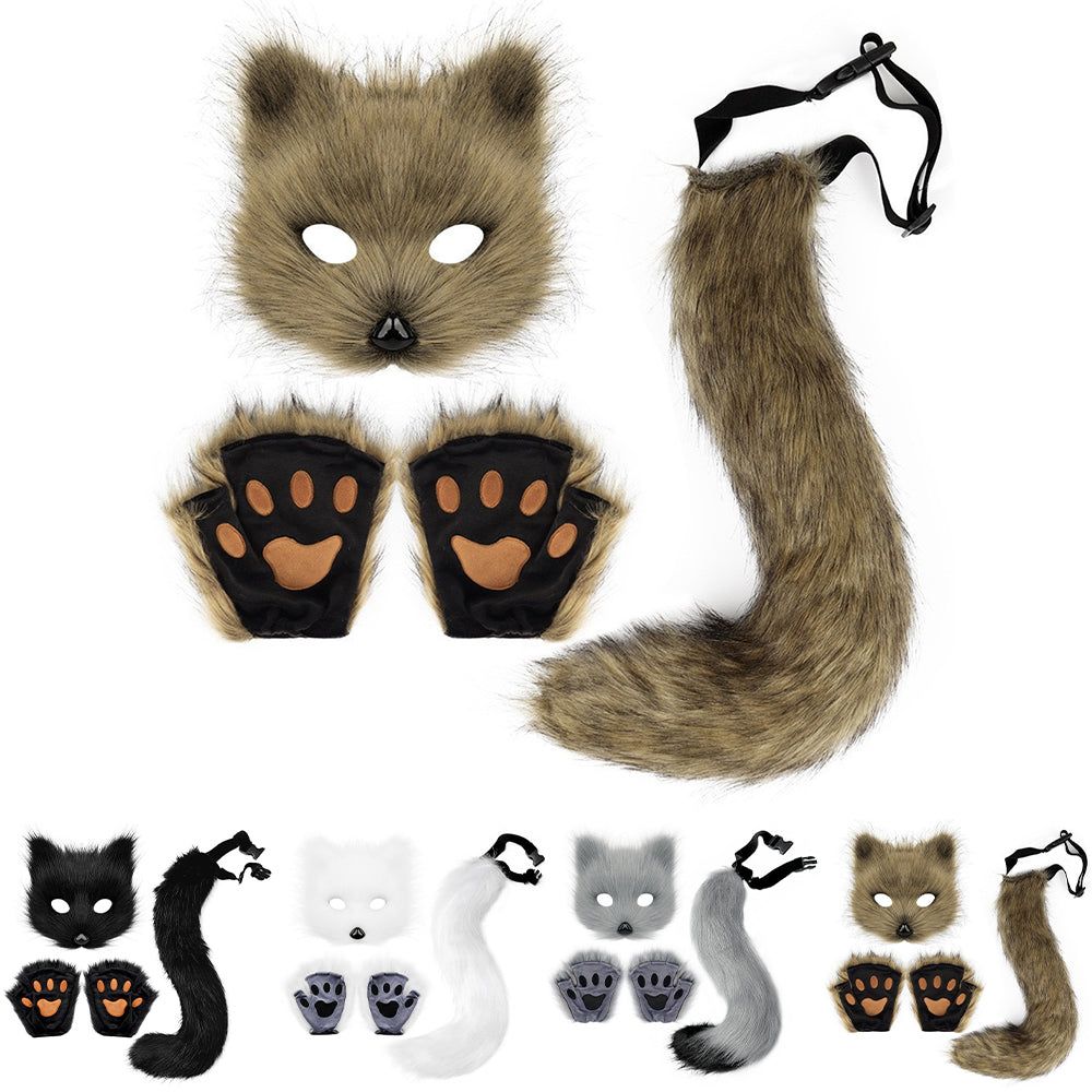 Therian Paws Fur Mask And Tail Set White Halloween Cat Costume Party - White