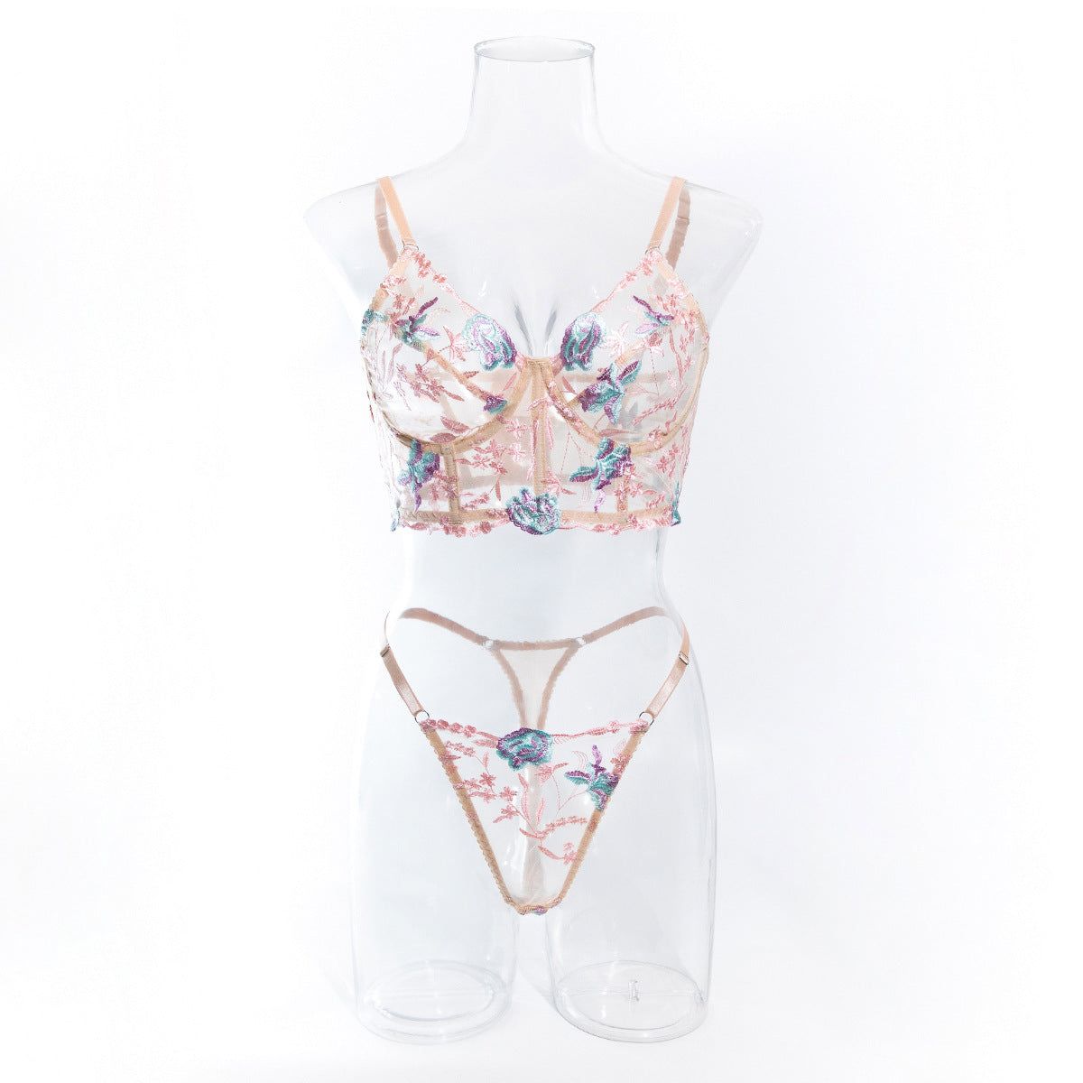House Of Dasein Sweet Floral Embroidered Boned Camisole And Thong Set For Women's Sexy Hollow Out Lingerie - Apricot Pink - S