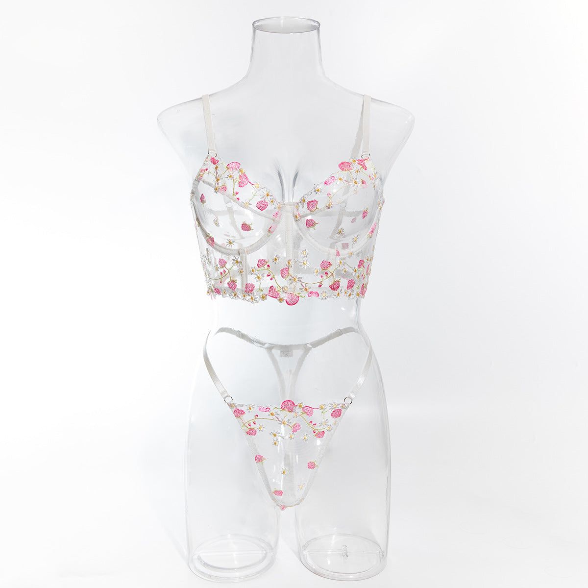 House Of Dasein Sweet Floral Embroidered Boned Camisole And Thong Set For Women's Sexy Hollow Out Lingerie - White - M