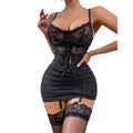 House Of Dasein Lace Sexy Romper Sheer Underwear Bodycon Skirt With Thong And Stockings - L