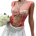 House Of Dasein Cross Border Style Spicy Girl Floral Embroidery Fitted Sexy Bra Corset Lace Up Back Top - Orange Pink - M
