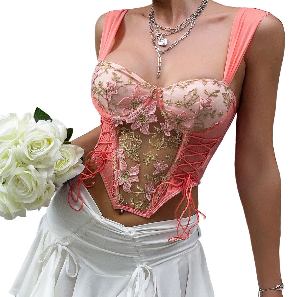 House Of Dasein Cross Border Style Spicy Girl Floral Embroidery Fitted Sexy Bra Corset Lace Up Back Top - Orange Pink - S