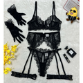 House Of Dasein Lace Hollow Comfortable Sheer Sexy Lingerie Underwear Garter Belt Separated Five Piece Set - Black - M