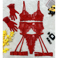 House Of Dasein Lace Hollow Comfortable Sheer Sexy Lingerie Underwear Garter Belt Separated Five Piece Set - Red - M