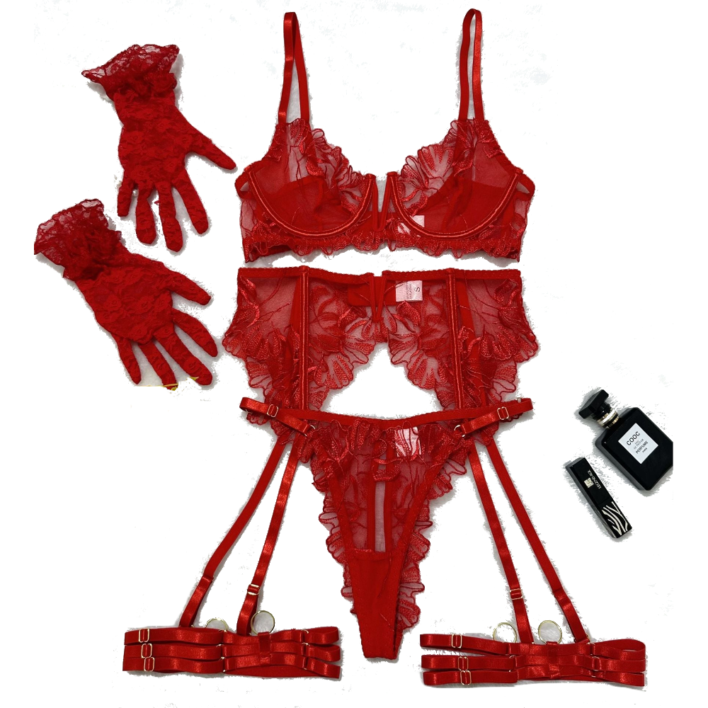 House Of Dasein Lace Hollow Comfortable Sheer Sexy Lingerie Underwear Garter Belt Separated Five Piece Set - Red - M