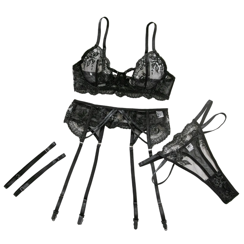 House Of Dasein Sexy Transparent Tempting Embroidered Bra And Garter Belt Four-Piece Set Womens Valentines Day Lingerie - Black - S