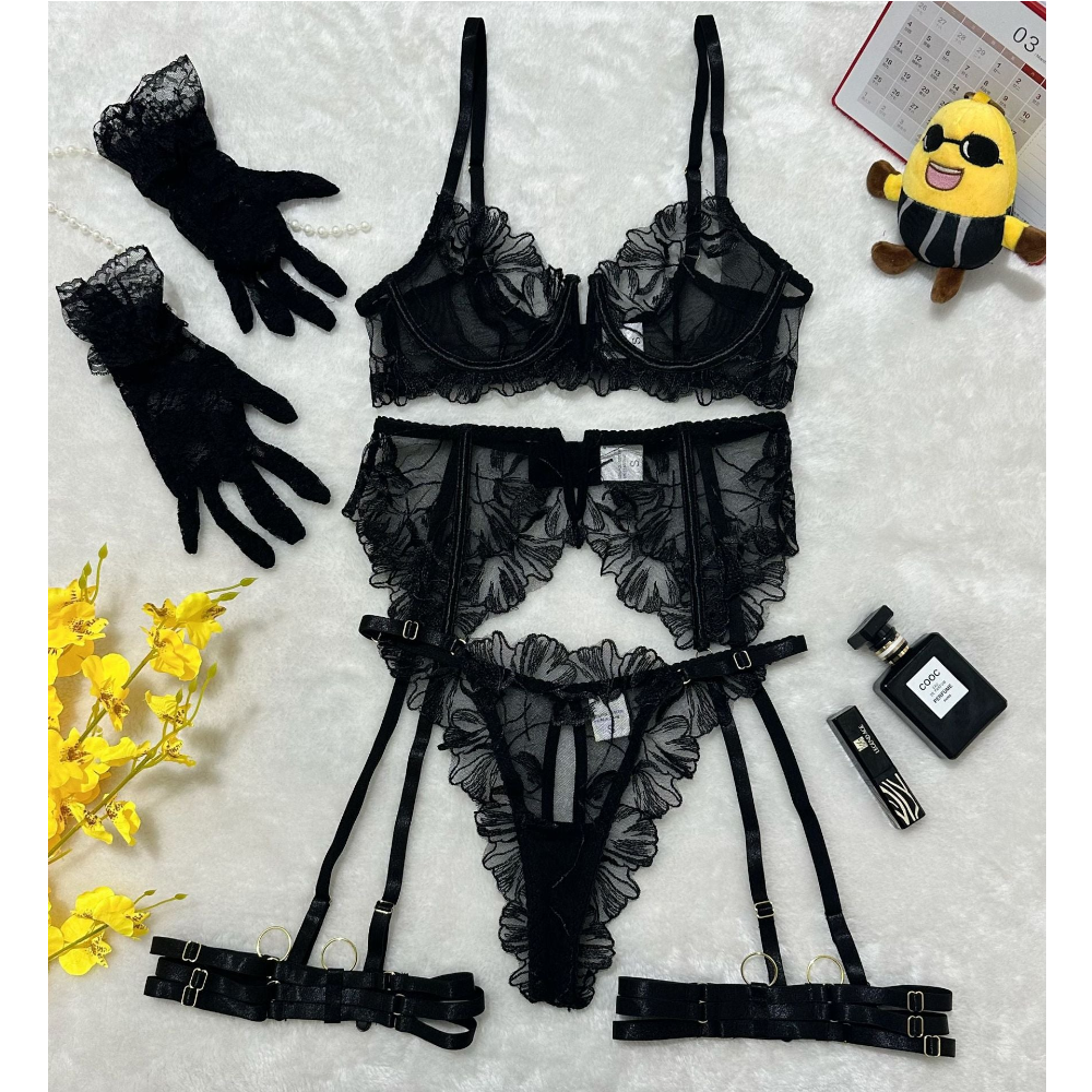 House Of Dasein Lace Hollow Comfortable Sheer Sexy Lingerie Underwear Garter Belt Separated Five Piece Set - Black - L