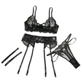 House Of Dasein Sexy Transparent Tempting Embroidered Bra And Garter Belt Four-Piece Set Womens Valentines Day Lingerie - Black - L