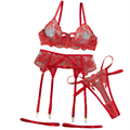 House Of Dasein Sexy Transparent Tempting Embroidered Bra And Garter Belt Four-Piece Set Womens Valentines Day Lingerie - Red - L