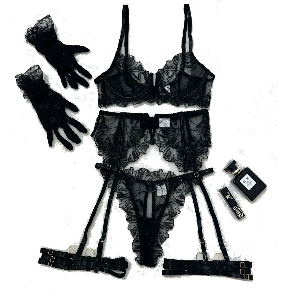 House Of Dasein Lace Hollow Comfortable Sheer Sexy Lingerie Underwear Garter Belt Separated Five Piece Set - Black - S