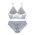French Sexy Lace Underwear Thin Non Wired Triangle Cup Bra Shape Backless Set - Gray Blue - S