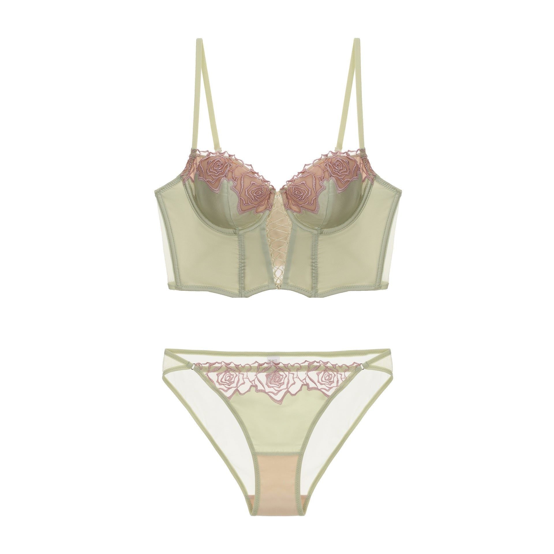 House Of Dasein Women's Rose Boned Corset Vest And American Waist Cinching Underwear Shaping Gathered French Long Slim Bra Set - Matcha Green - S