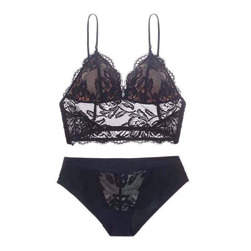 French Sexy Lace Underwear Thin Non Wired Triangle Cup Bra Shape Backless Set - Black - S