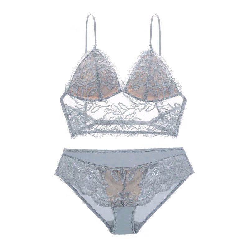 French Sexy Lace Underwear Thin Non Wired Triangle Cup Bra Shape Backless Set - Gray Blue - L