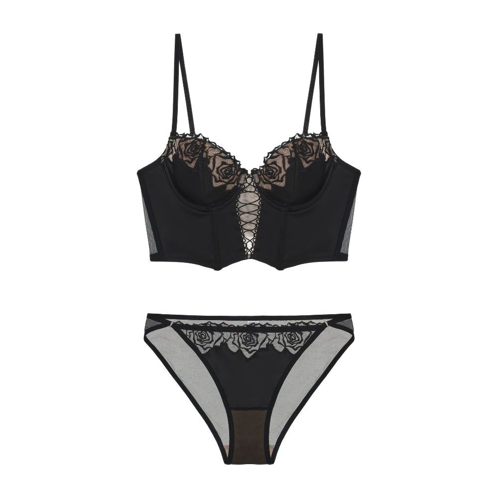 House Of Dasein Women's Rose Boned Corset Vest And American Waist Cinching Underwear Shaping Gathered French Long Slim Bra Set - Audrey Black - S