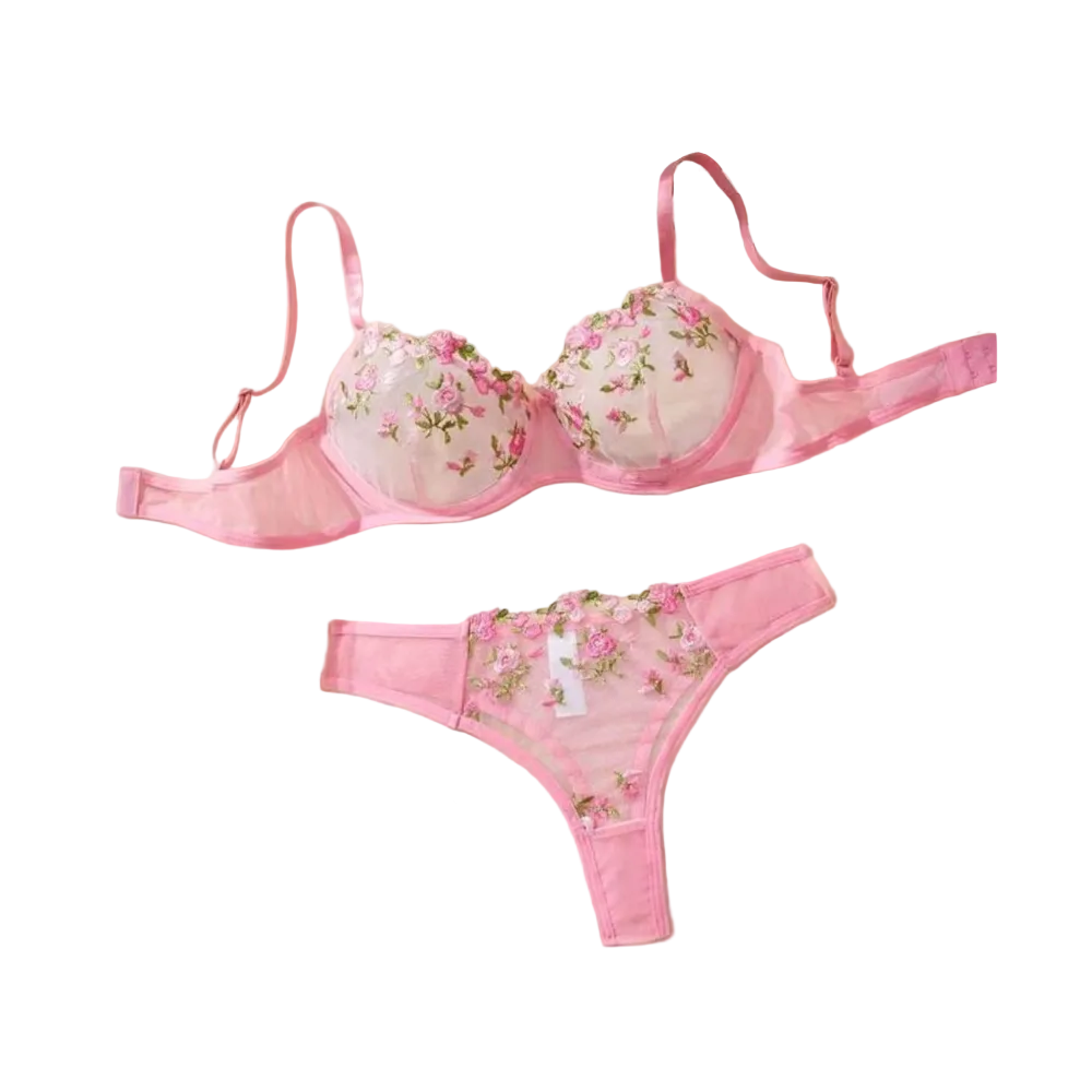 House Of Dasein Women's Intimates Sweet And Sexy Low Waist Floral Embroidery Mesh Transparent Lingerie Two-Piece Set - Pink - Xl