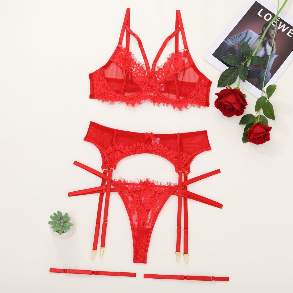 House Of Dasein Women's Lace Temptation Perspective Eyelash Strap Body Shaping Fun Underwear - Red - L