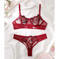 House Of Dasein Women's Intimates Sweet And Sexy Low Waist Floral Embroidery Mesh Transparent Lingerie Two-Piece Set - Wine Red - S