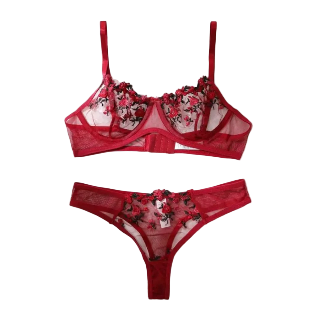 House Of Dasein Women's Intimates Sweet And Sexy Low Waist Floral Embroidery Mesh Transparent Lingerie Two-Piece Set - Wine Red - S
