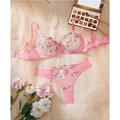 House Of Dasein Women's Intimates Sweet And Sexy Low Waist Floral Embroidery Mesh Transparent Lingerie Two-Piece Set - Pink - M