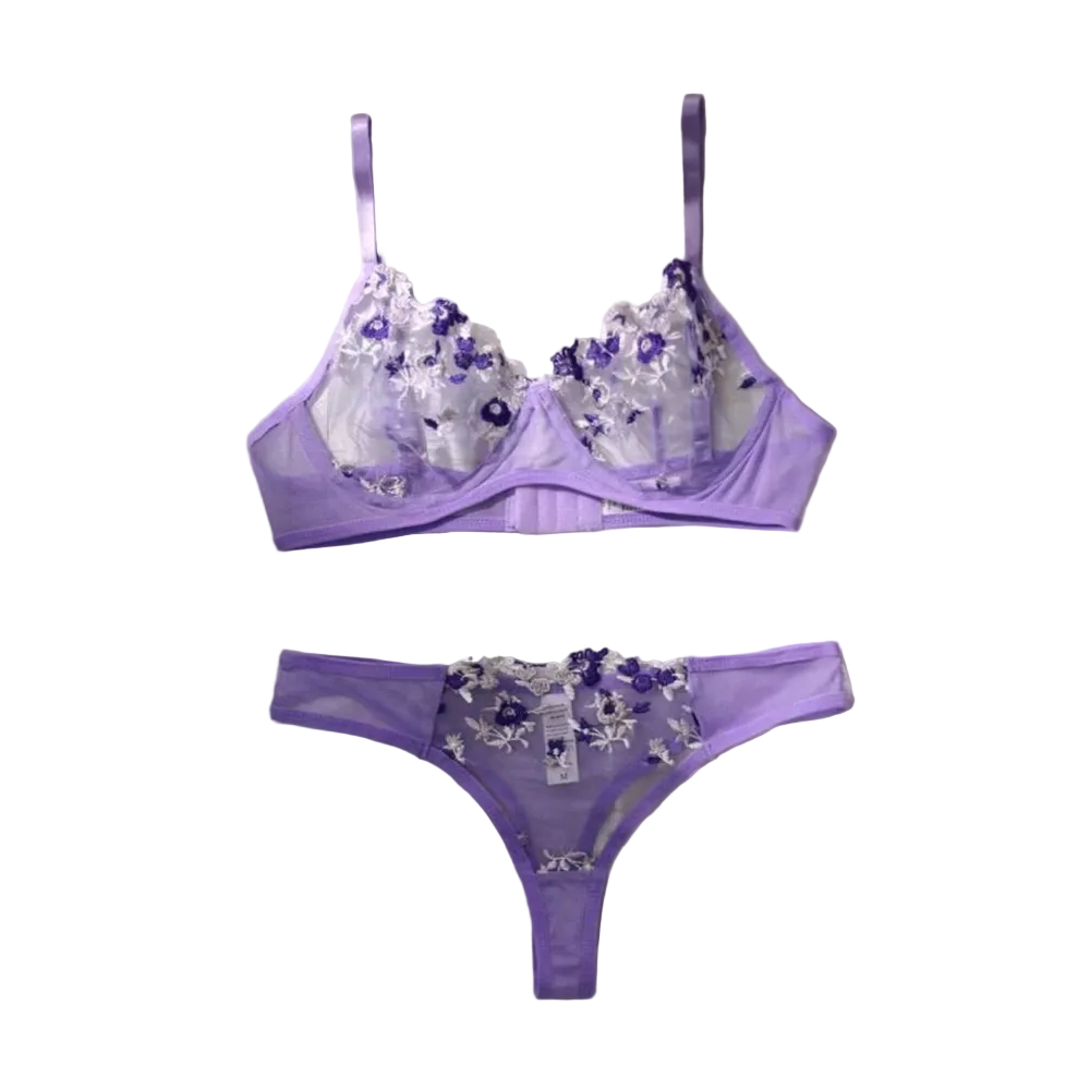 House Of Dasein Women's Intimates Sweet And Sexy Low Waist Floral Embroidery Mesh Transparent Lingerie Two-Piece Set - Purple - Xl
