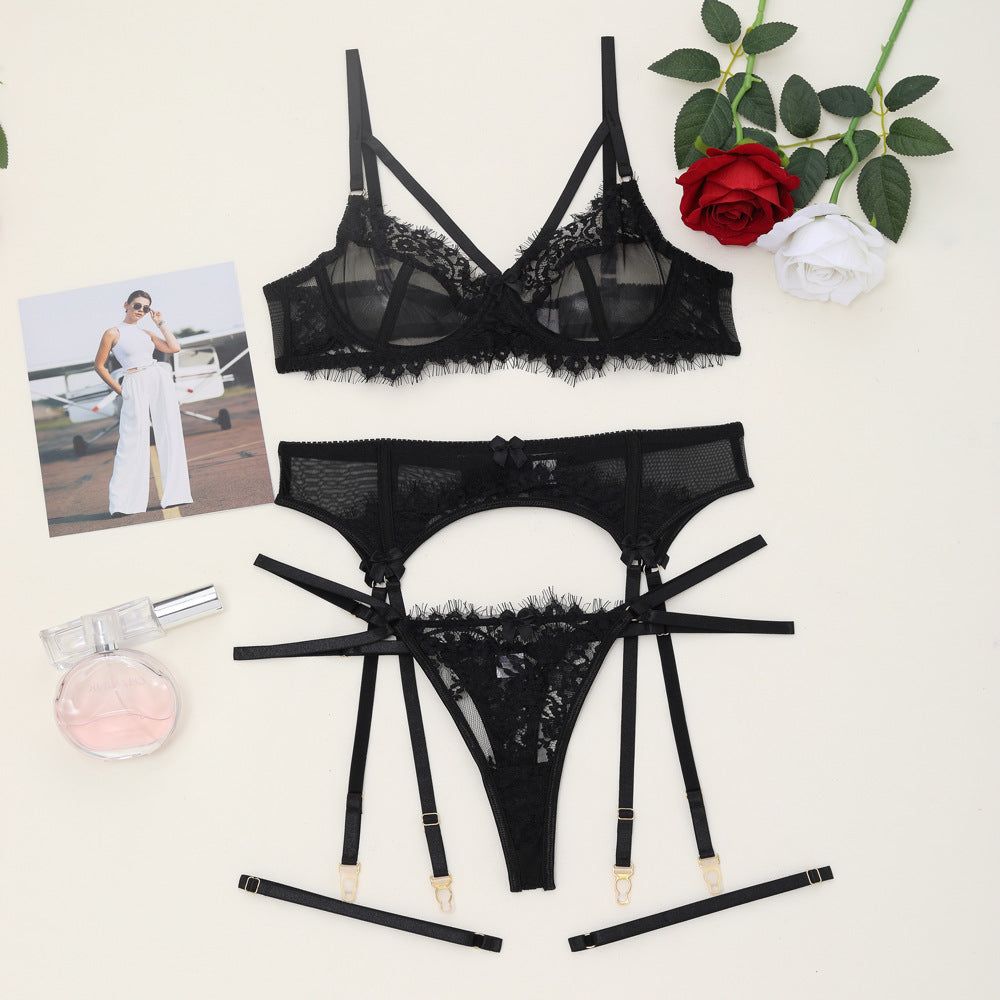 House Of Dasein Women's Lace Temptation Perspective Eyelash Strap Body Shaping Fun Underwear - Black - L