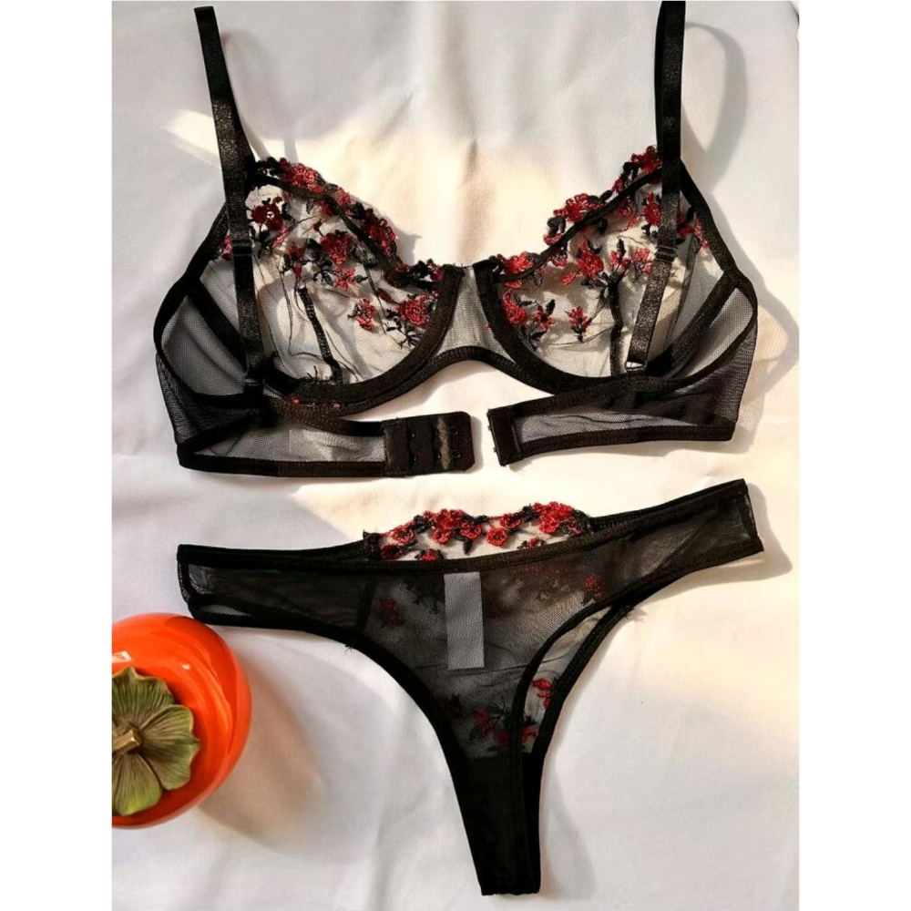 House Of Dasein Women's Intimates Sweet And Sexy Low Waist Floral Embroidery Mesh Transparent Lingerie Two-Piece Set - Black - Xl