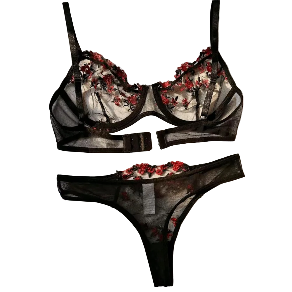House Of Dasein Women's Intimates Sweet And Sexy Low Waist Floral Embroidery Mesh Transparent Lingerie Two-Piece Set - Black - L