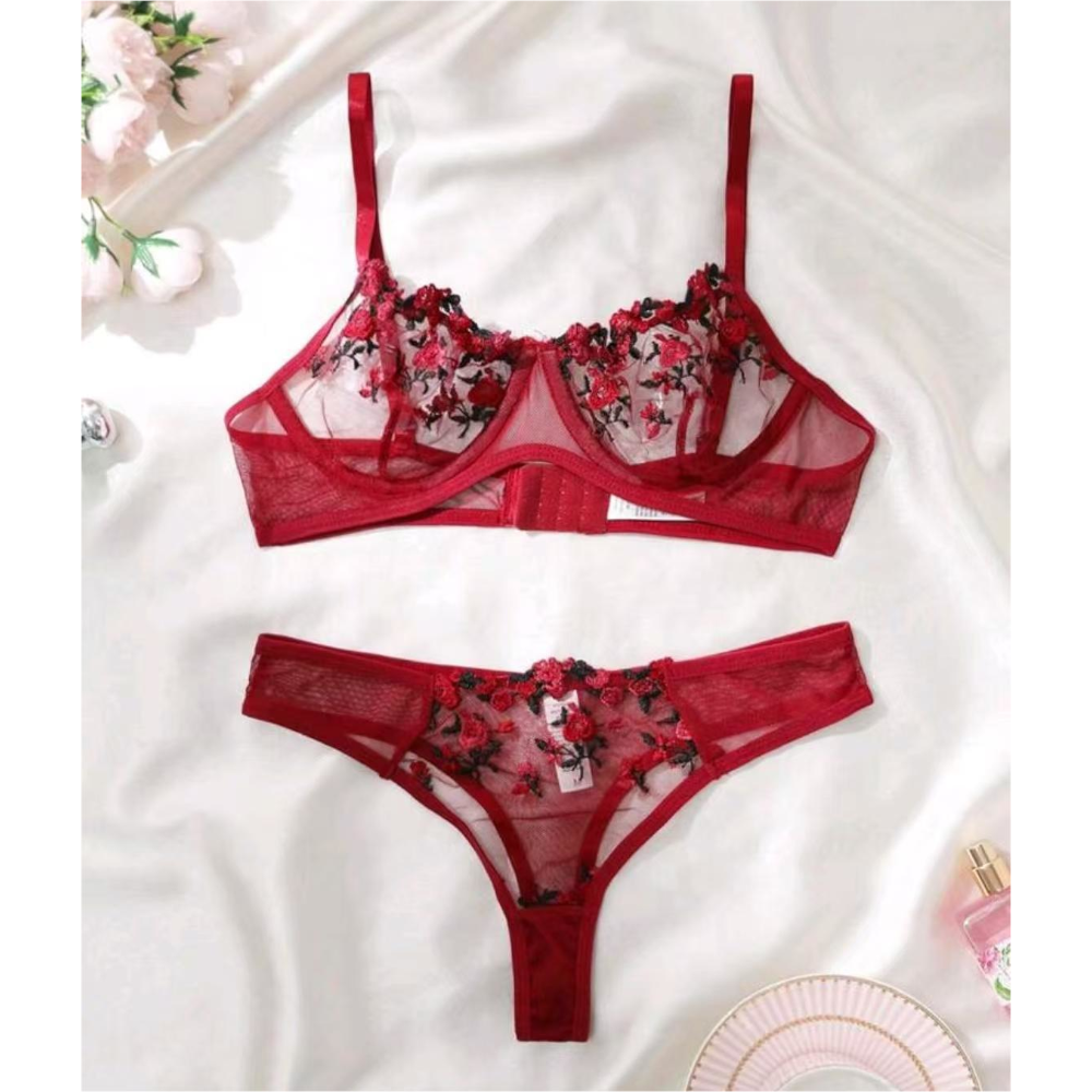 House Of Dasein Women's Intimates Sweet And Sexy Low Waist Floral Embroidery Mesh Transparent Lingerie Two-Piece Set - Wine Red - Xl