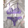 House Of Dasein Women's Intimates Sweet And Sexy Low Waist Floral Embroidery Mesh Transparent Lingerie Two-Piece Set - Purple - M