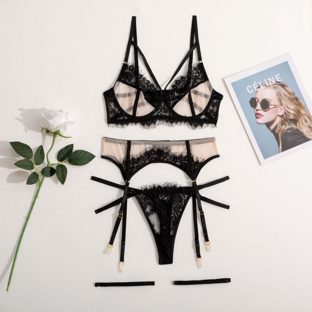 House Of Dasein Women's Lace Temptation Perspective Eyelash Strap Body Shaping Fun Underwear - Black Contrast Skin - Xl