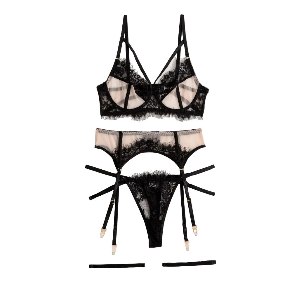 House Of Dasein Women's Lace Temptation Perspective Eyelash Strap Body Shaping Fun Underwear - Black Contrast Skin - Xl