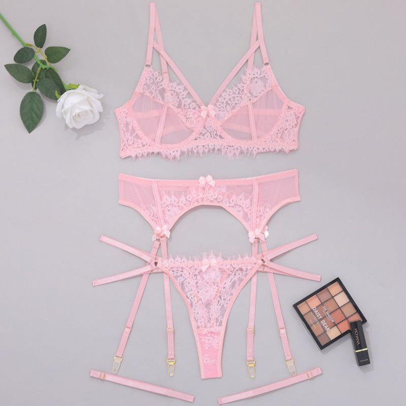 House Of Dasein Women's Lace Temptation Perspective Eyelash Strap Body Shaping Fun Underwear - Pink - L