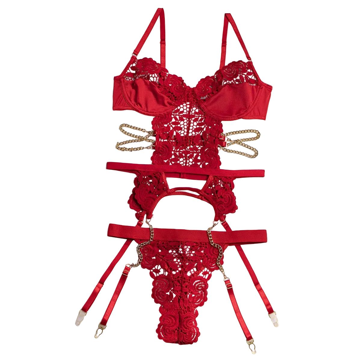 House Of Dasein Sexy Two Piece Lingerie Set For Women Hollow Back Lace Design - Red - S