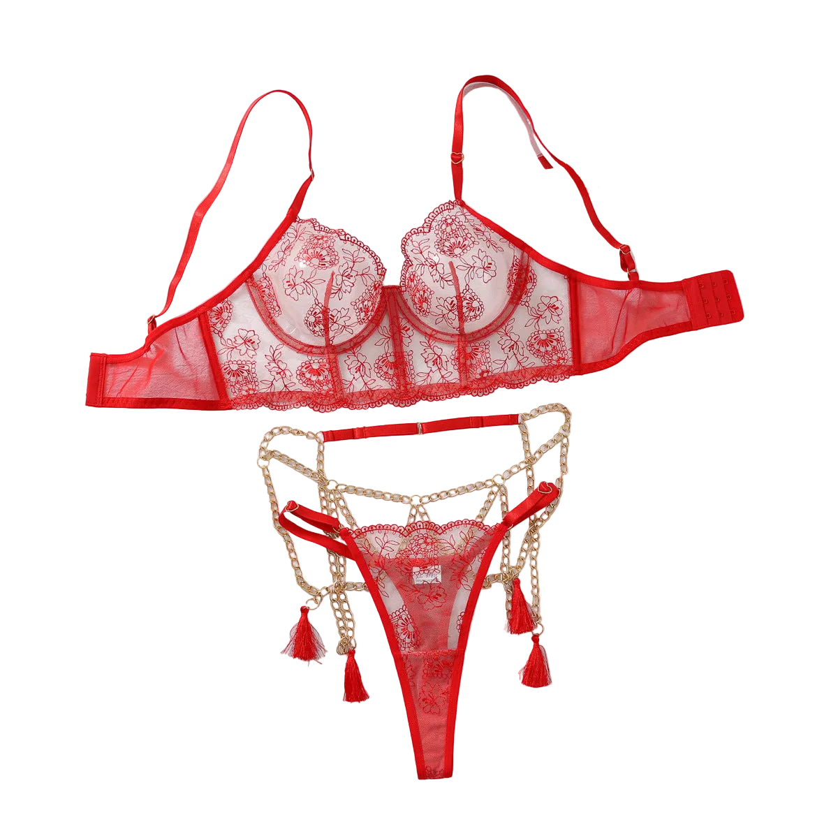 House Of Dasein Flower Embroidery Spliced Mesh Metal Chain Tassel Waistband Fun Four Piece Set - Red - L